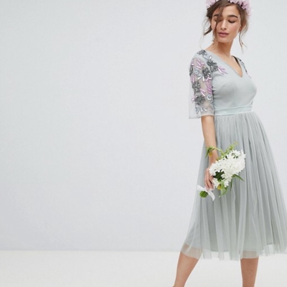 ASOS Sage Green Embroidered Tulle Midi Dress – Size 8 - Picture 2 of 6